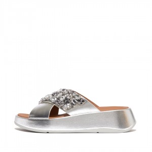 Women's Fitflop F-Mode Leather Slides Silver | CA-6489321-LQ