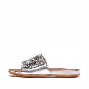 Women's Fitflop Gracie Leather Slides Silver | CA-5731064-XJ